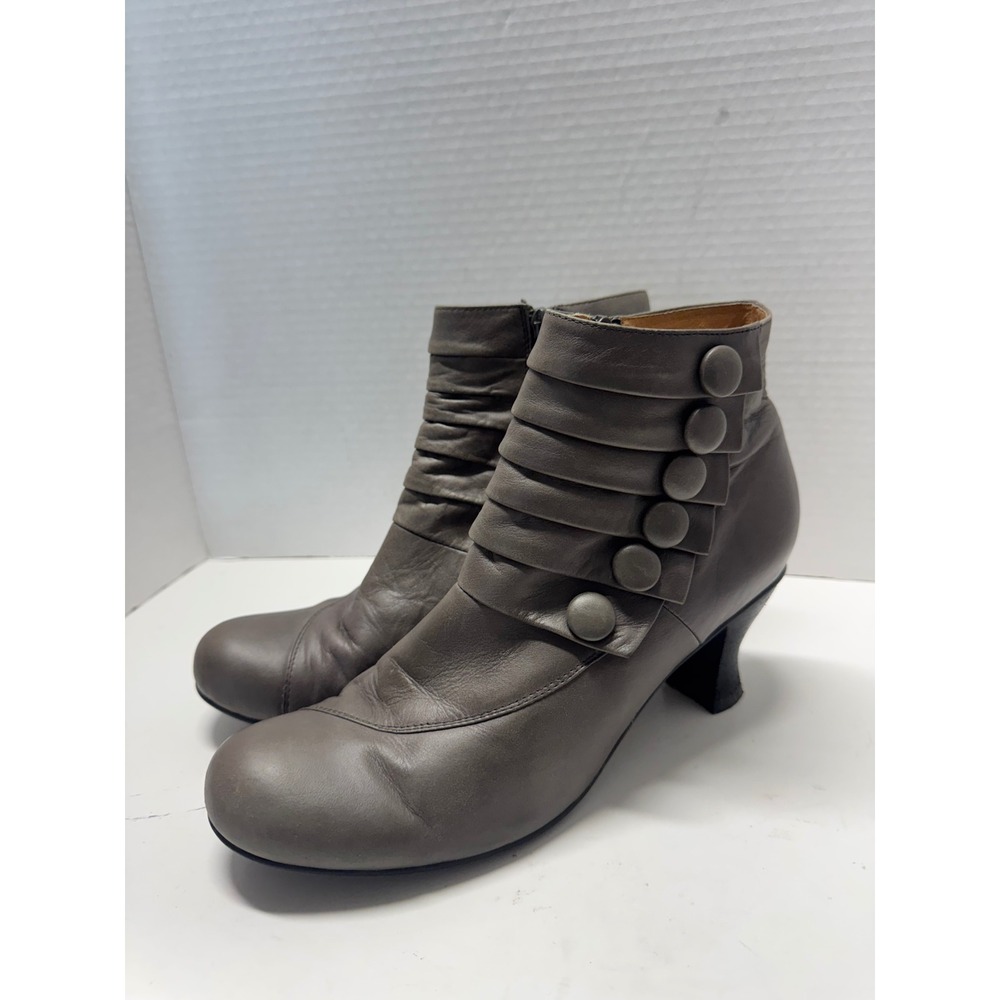 Miz Mooz Alisa Taupe Grey Leather Button Pleated Ankle Boots Size 41 10